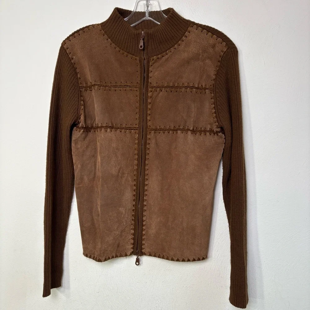Vintage Wool Blend Suede Leather Patchwork Zip Cardigan Jacket Sweater Boho 70s - Picture 3 of 16